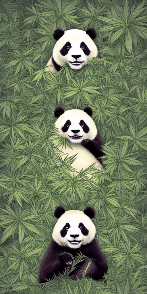 AI generated: beautiful aesthetic digital illustration of a relaxed panda surrounded by an endless forest of weed ...