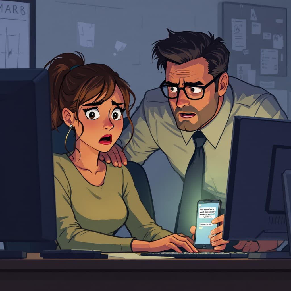 AI generated: Open office setting, manager peering over a woman's shoulder at her computer screen, on her desk a p...