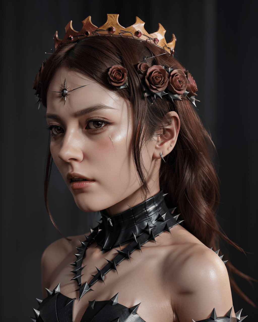 AI generated: Create a hyper-detailed 3D model of a slender and stunning girl adorned with a crown made of thorns,...