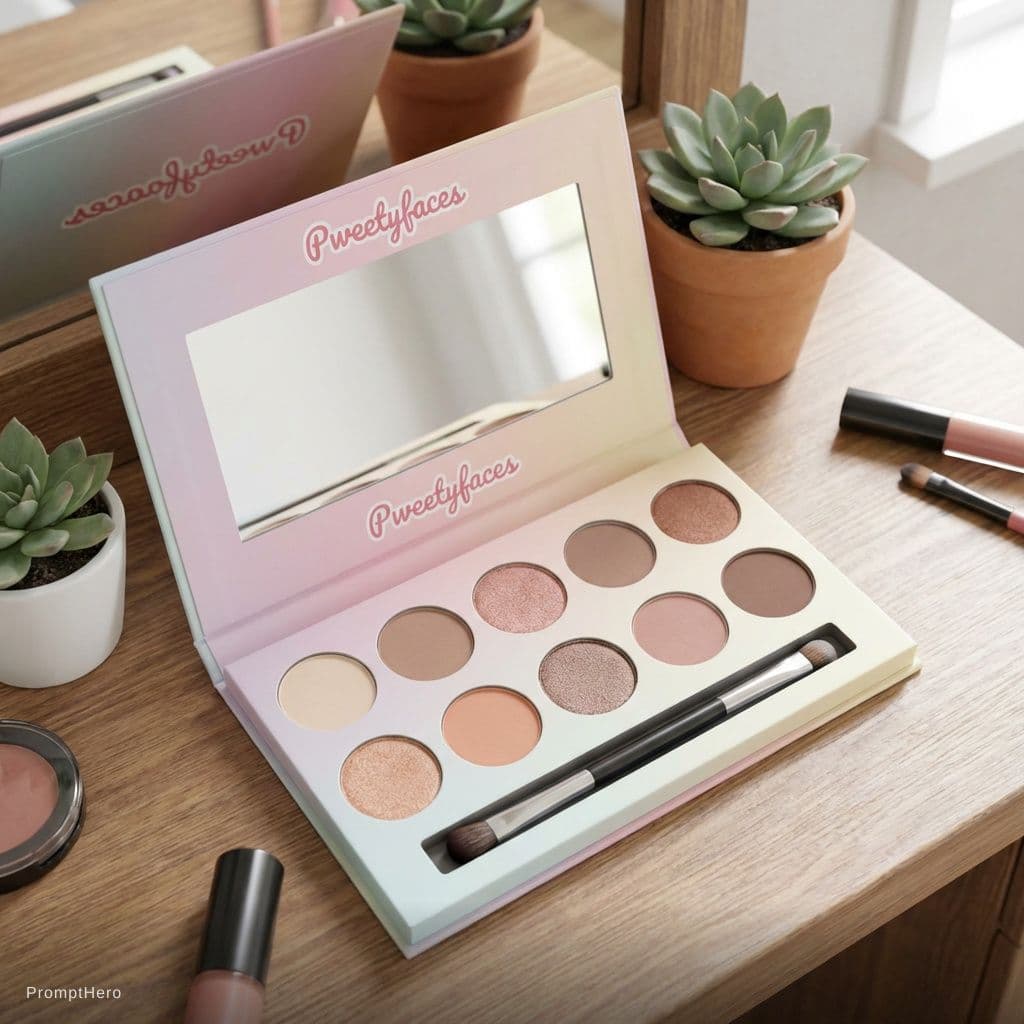 AI generated: A cute eyeshadow palette brand called Pweetyfaces showing nude colors like brown, pink and the likes