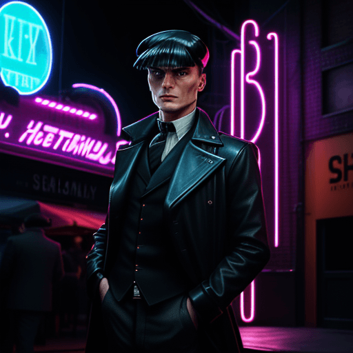 AI generated: Tommy Shelby standing in front of a neon sign, in the style of hyper-realistic sci-fi, steelpunk, ca...
