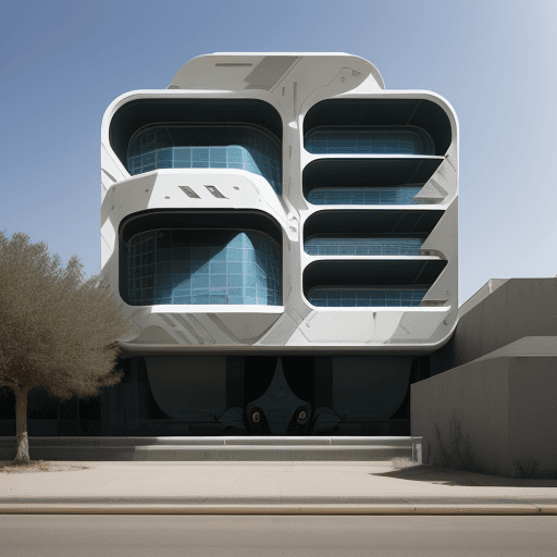 AI generated: 
futuristic architecture /  /style with ultra bush environnement / facade with sid mead graphic type...