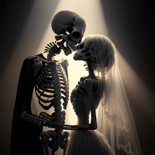 AI generated: Imagine a scene where a skeleton, shrouded in shadows and emaciated bones, delicately holds his livi...