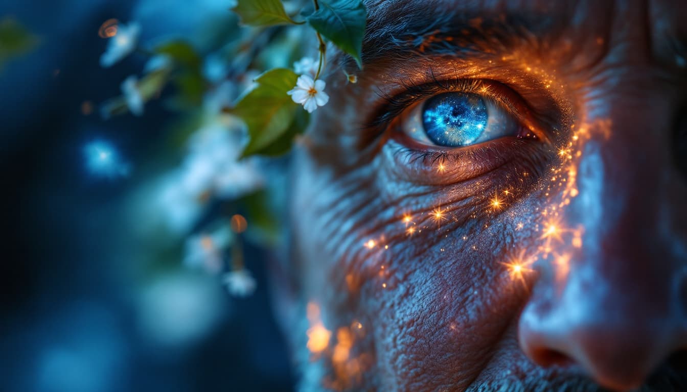 AI generated: Close-up of the man’s face, camera zooming into his eyes where a starry sky reflects, framed by over...