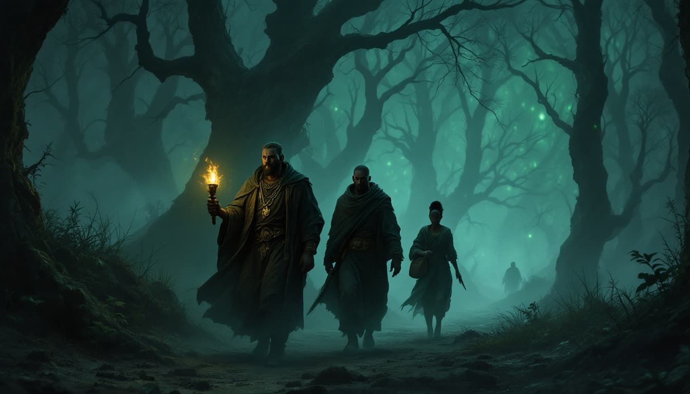 AI generated: - **The Trio**: Wearing travel-worn cloaks, the king leads with heavy steps, his royal garb now stri...