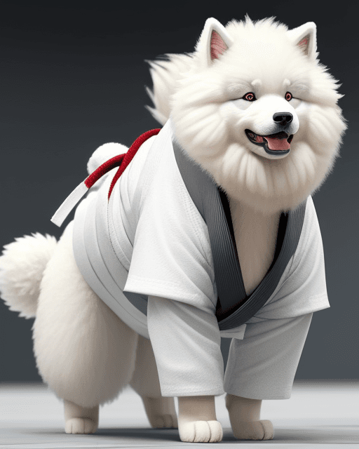 AI generated: angry fluffy samoyed dog wearing a judogi