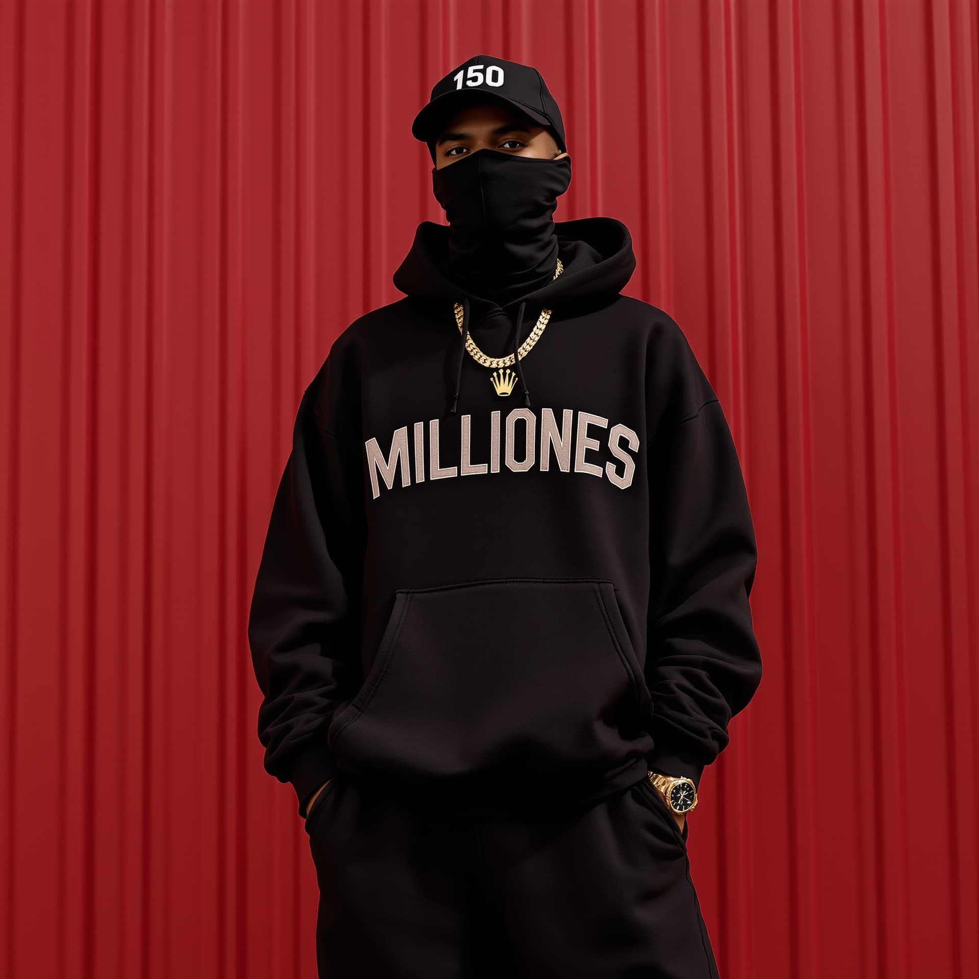 AI generated: HOODIE ON AND MILITARY FACEMASK MEN WEARING GOLD DIAMOND CHAIN ON NECK AND WEARING A DIAMOND ROLEX W...
