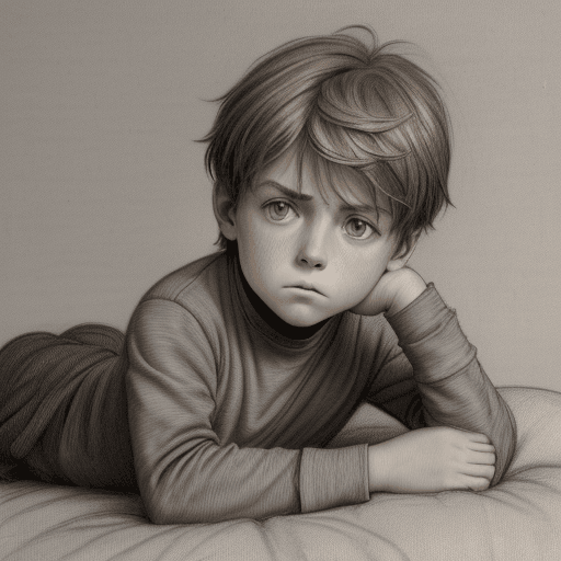 AI generated: pencil sketch in the style of A little boy leaning his head on a pillow and lying down with his righ...