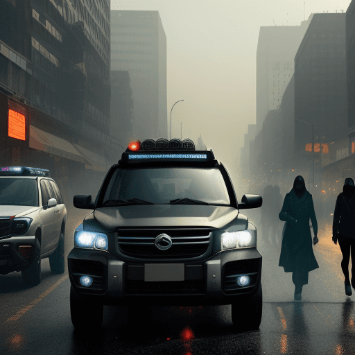 AI generated: city of pollution, with acid rain in the city, realistic, no huge smoke cloud, people walking around...