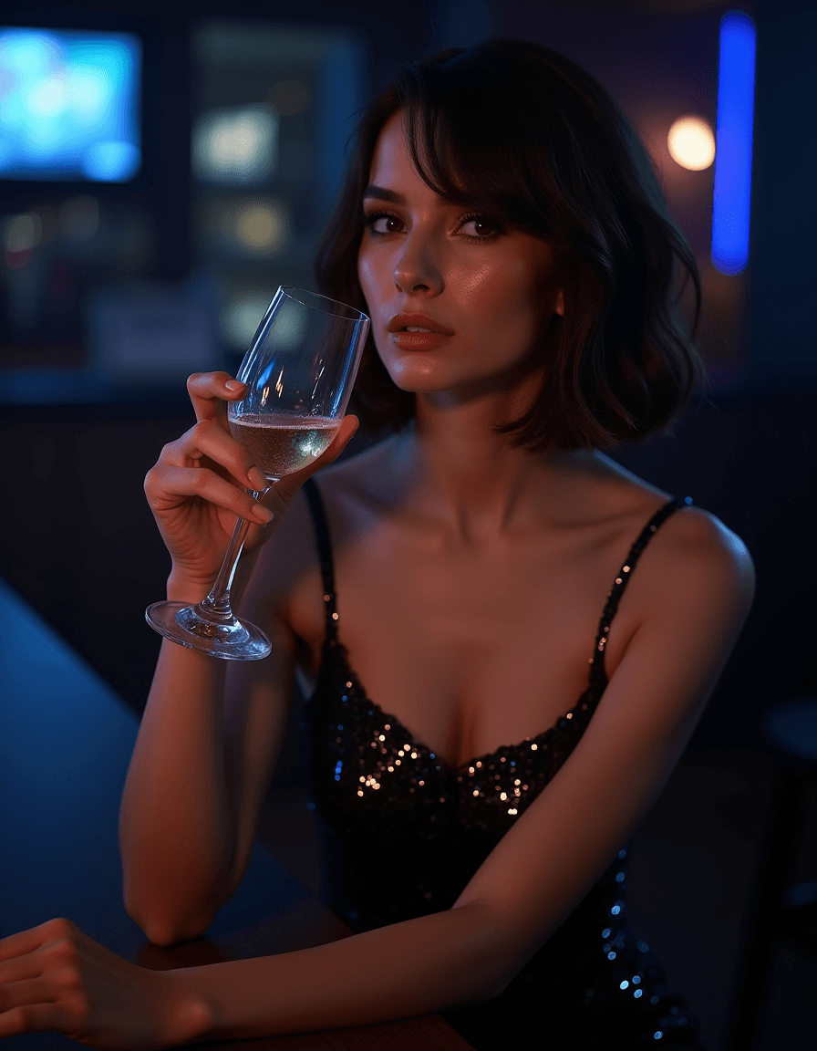 AI generated: photograph of a woman, short brunette hair, wearing a spaghetti strap form fitting sequin dress, dri...