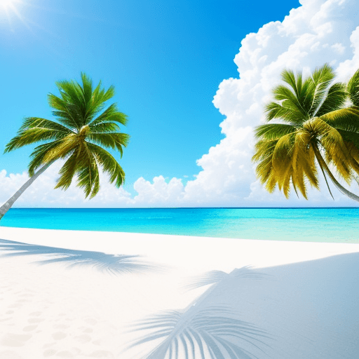 AI generated: Palm trees and white sand create a lush, sunny backdrop under a clear blue sky. 
