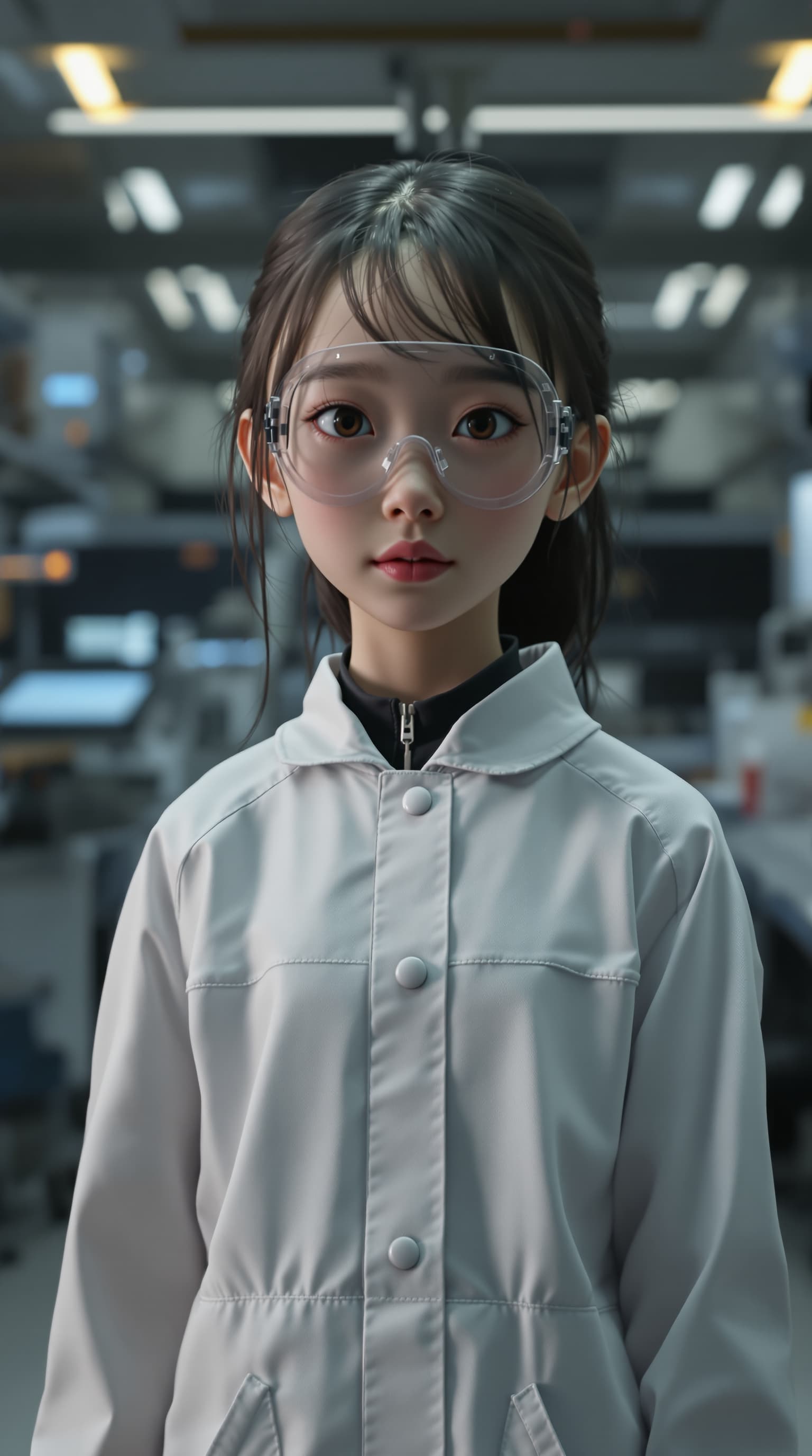 AI generated: A hyper-realistic depiction of a seven year old clone of Celine Tam, standing in a clone research la...