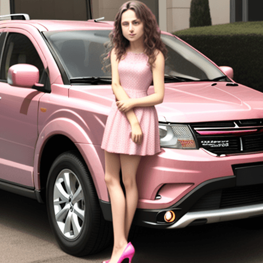 AI generated: A petite lady wearing a pink dress in high heels, standing in front of a Dodge Journey. Brown long w...