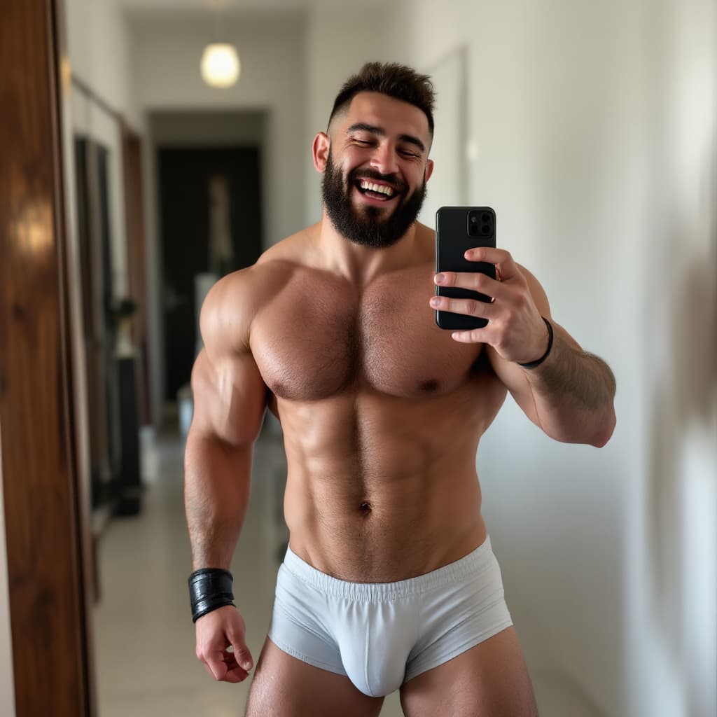 AI generated: MMA fighter. Erko Jun resemblance. Laughing. Taking Selfie. briefs. Hairy chest. big tights muscles....