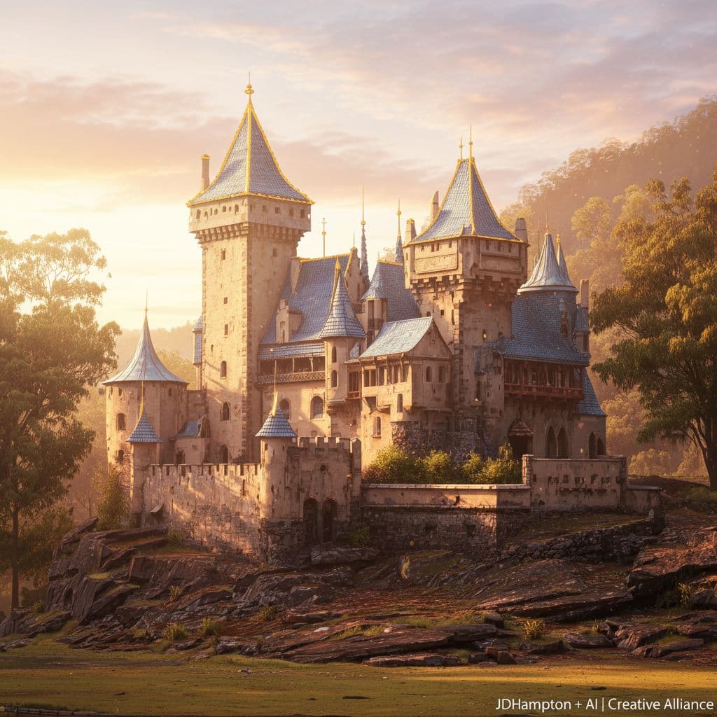 AI generated: Early morning sunrise a beautiful amazing castle similar to the very amazing Karlstein Castle that w...