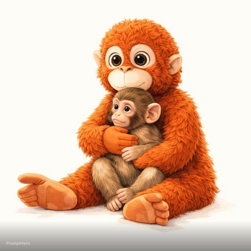 AI generated: storybook style illustration, tiny baby monkey with soft brown fur sitting safely in the arms of a l...
