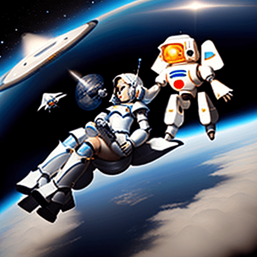 AI generated: a girl in white armor and her small robot friend floating in space 
