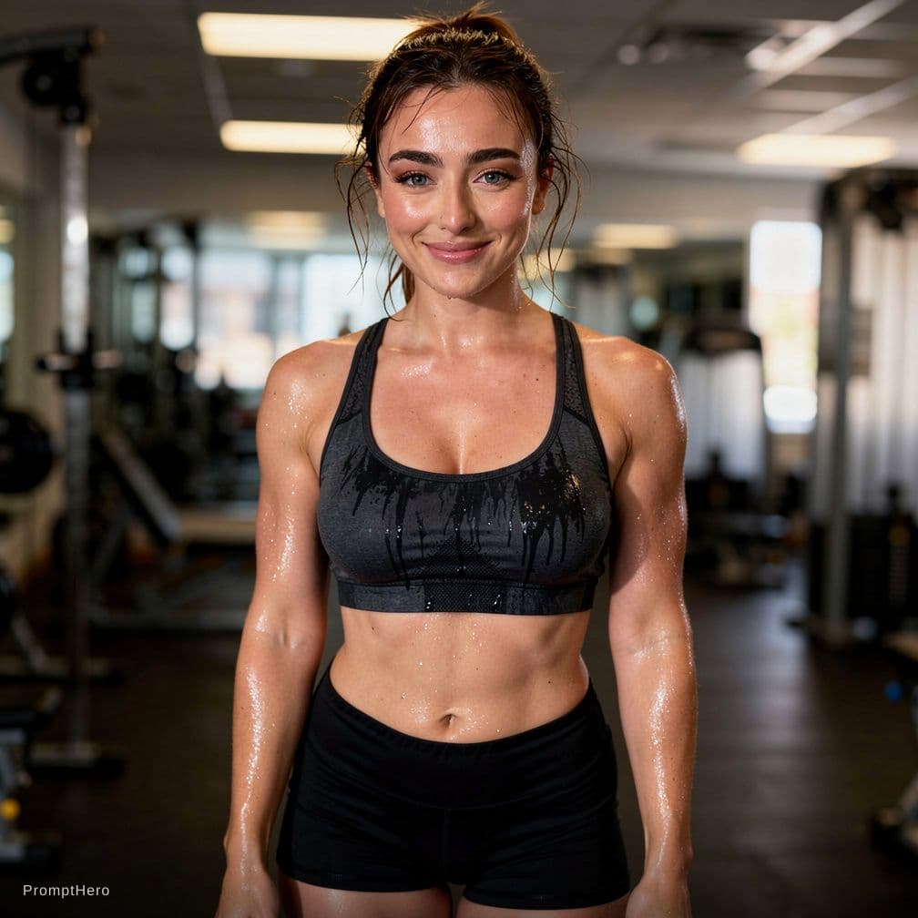 AI generated: Produce a photorealistic, candid, unplanned and sloppy gym photo of a 4'10", average-looking (averag...