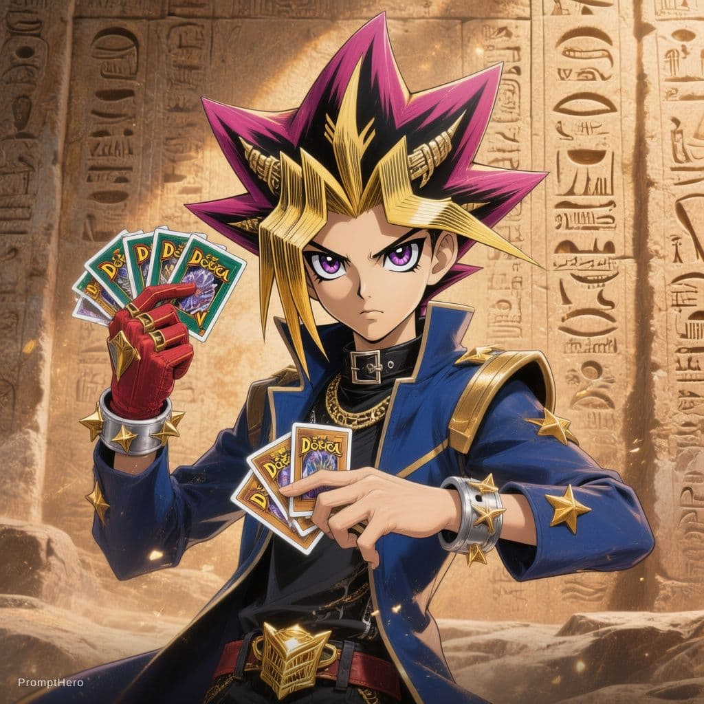 AI generated: Prompt de Ilustração para Yami Yugi:

Uma ilustração digital de alta definição e estilo anime do per...