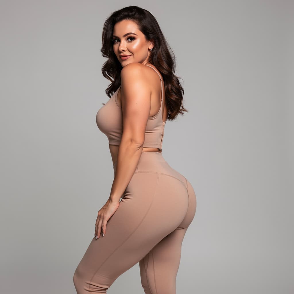 AI generated: A woman with a big round booty bending over looking back