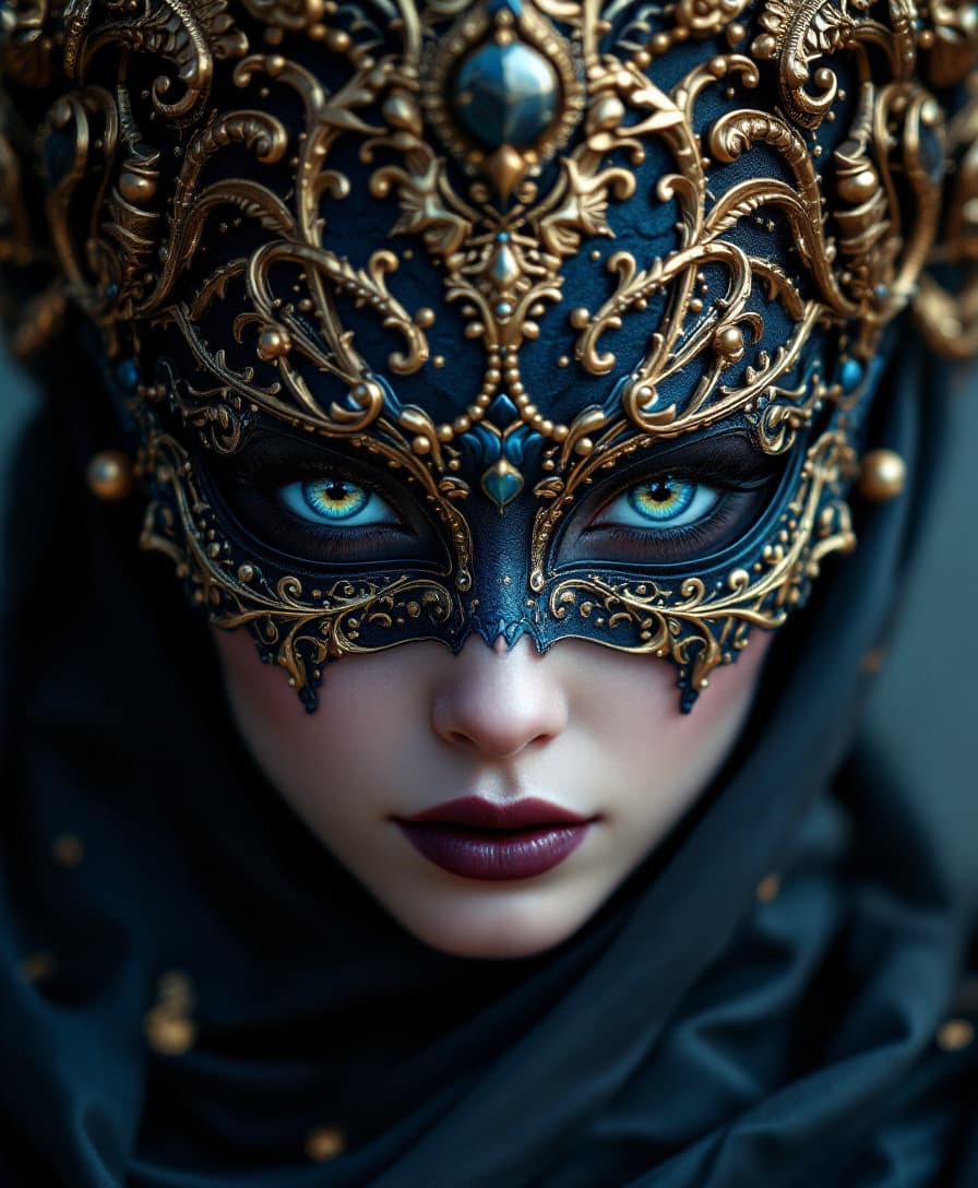 AI generated: 
a portrait of female model by stefan geselle and nekro borja, half face mask, blue/golden, photorea...