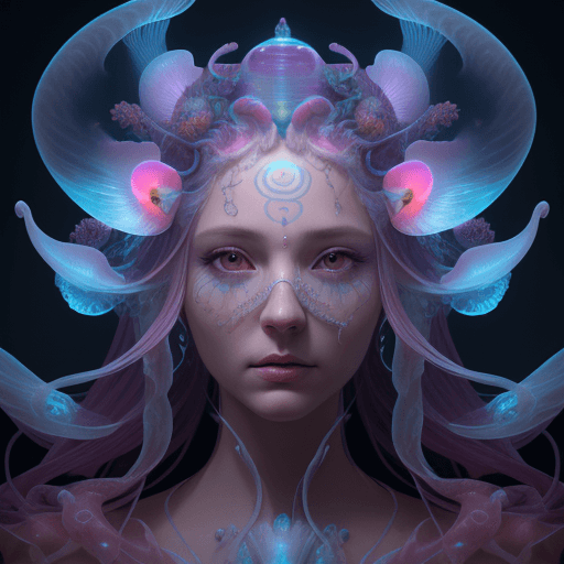 AI generated: Goddess close-up portrait ribcagel. jellyfish phoenix head, nautilus, orchid, skull, betta fish, bio...
