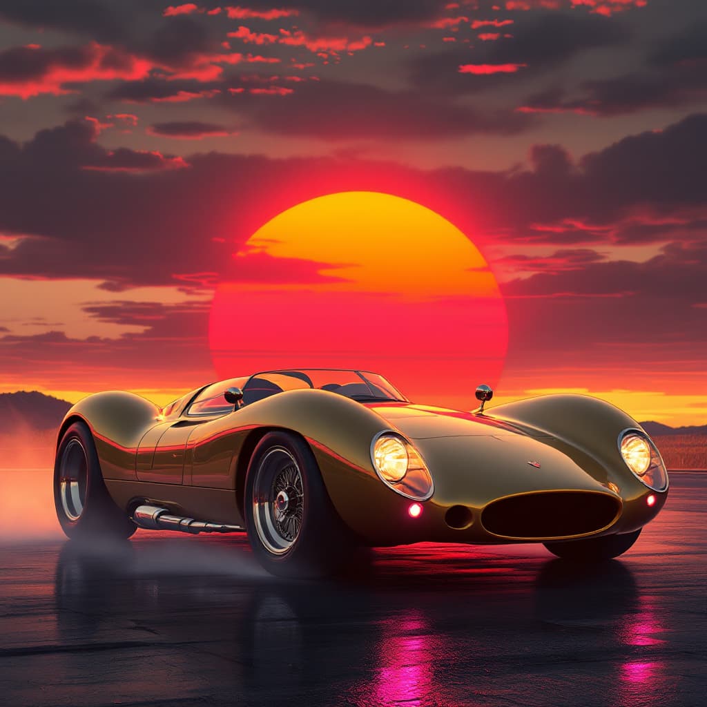 AI generated: A vintage sports car in a retro-futuristic style style, with sunset lighting, featuring sleek chrome...