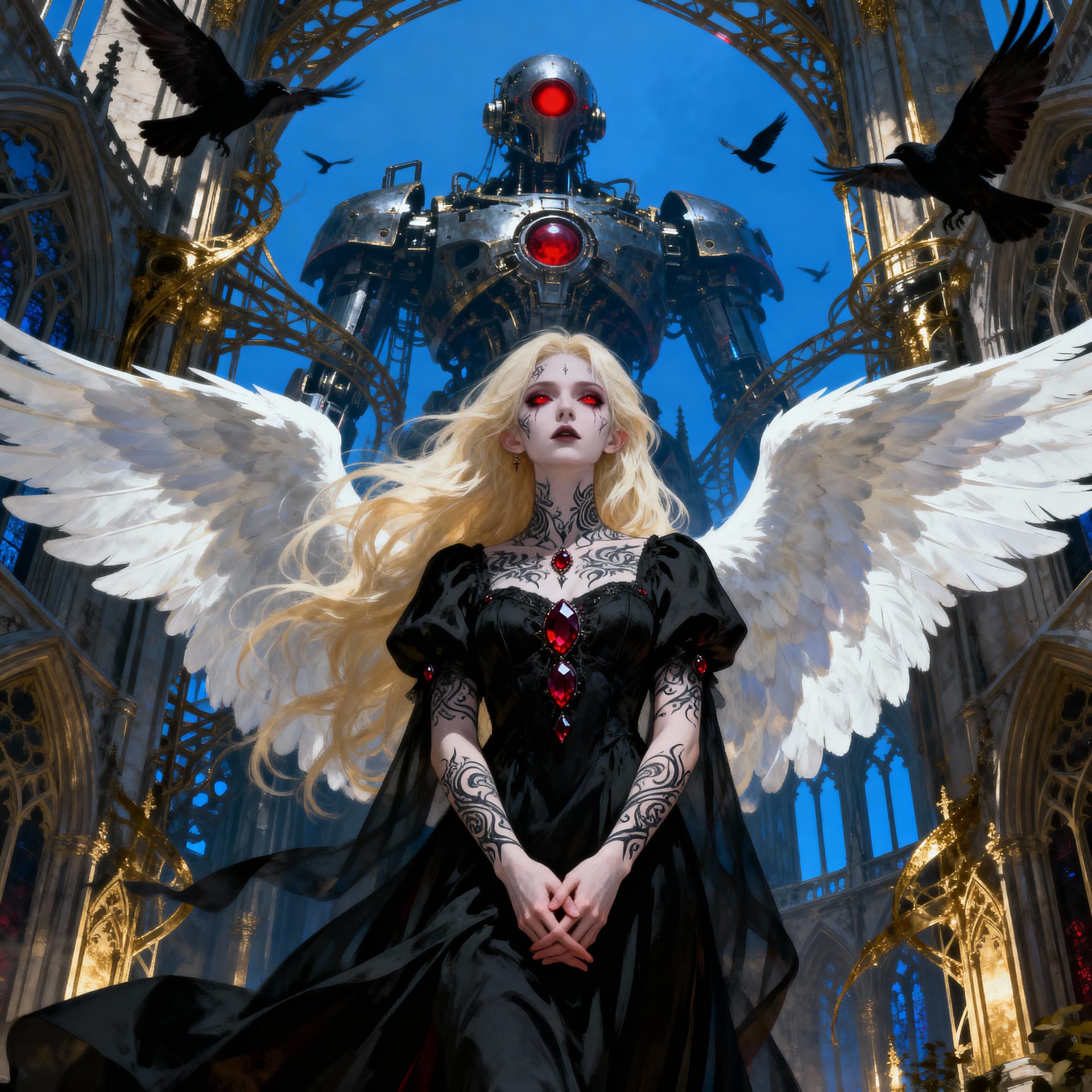 AI generated: A gothic angel with flowing blonde hair (emphasized 1.2), porcelain-pale skin (emphasized 1.1), and ...