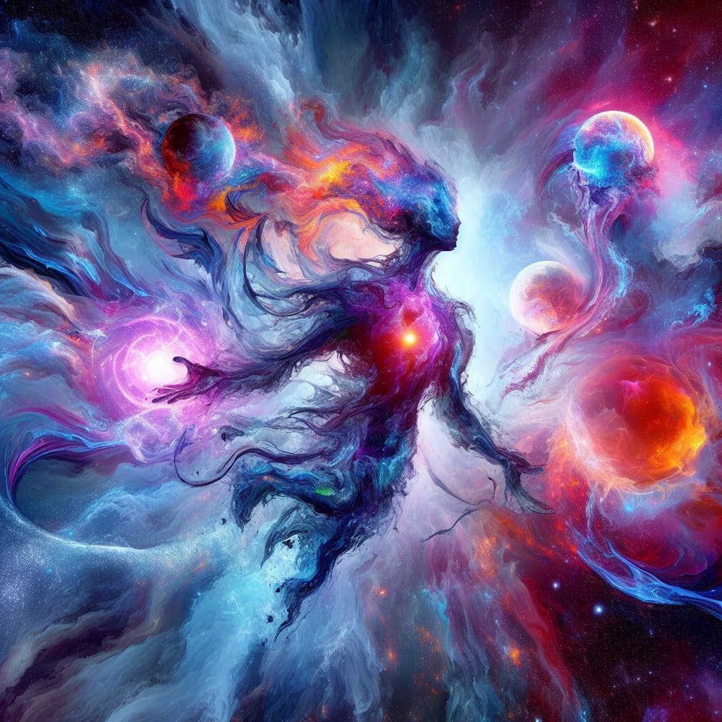 AI generated: Photon Blaze vs Nebula Cyclone, chaotic, coming together in a nebula