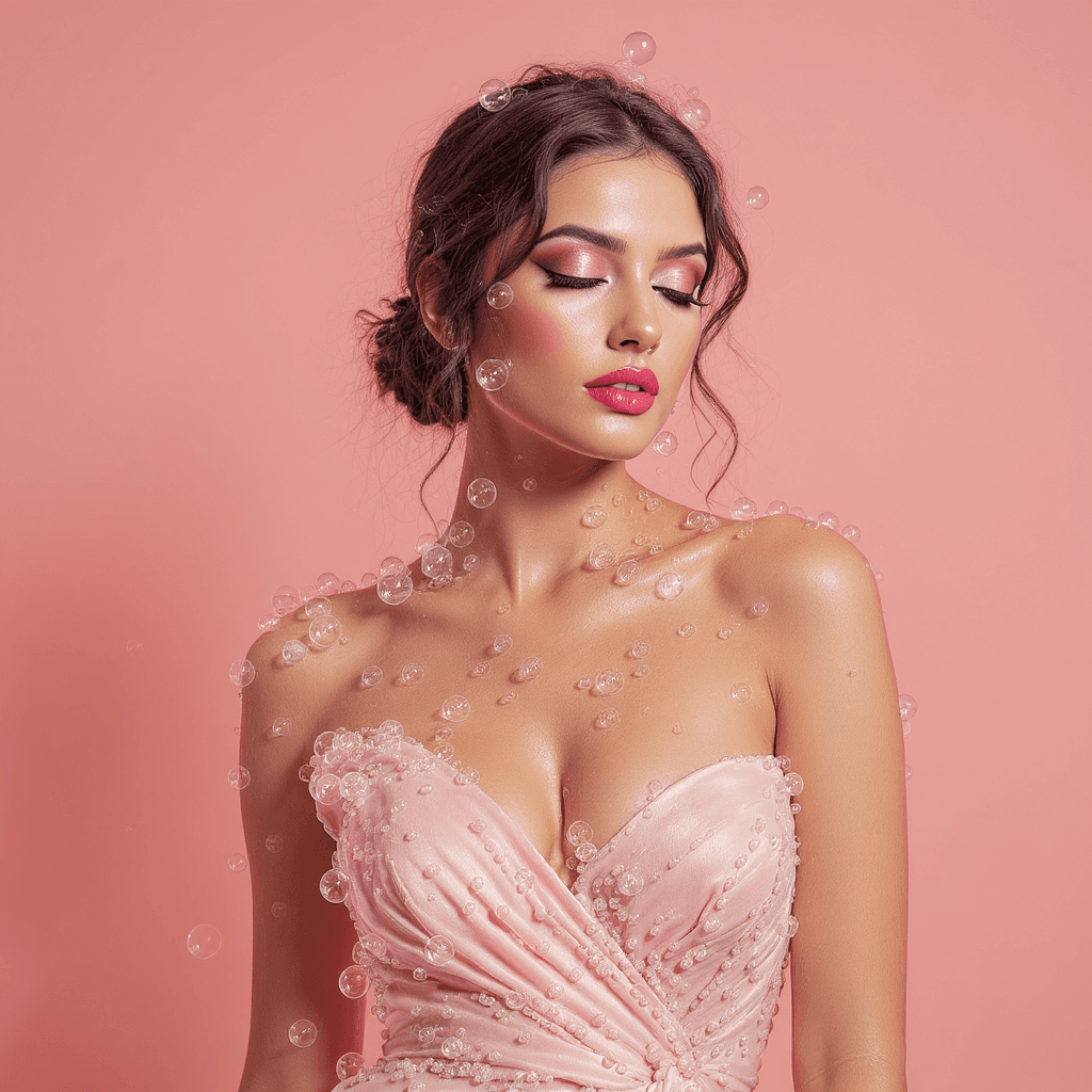 AI generated: fashion editorial photo of a model with a lot of bubbles in light pink evening dress poses in photos...
