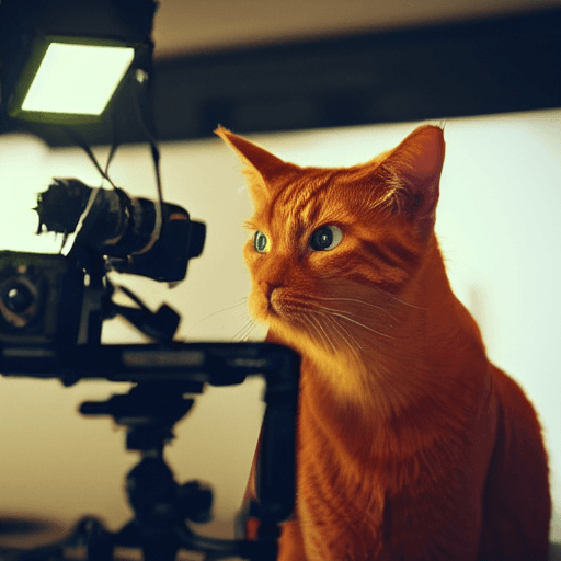 AI generated: realistic redhead cat as a cinematographer on film stage, daylight, indirect lighting, analog style