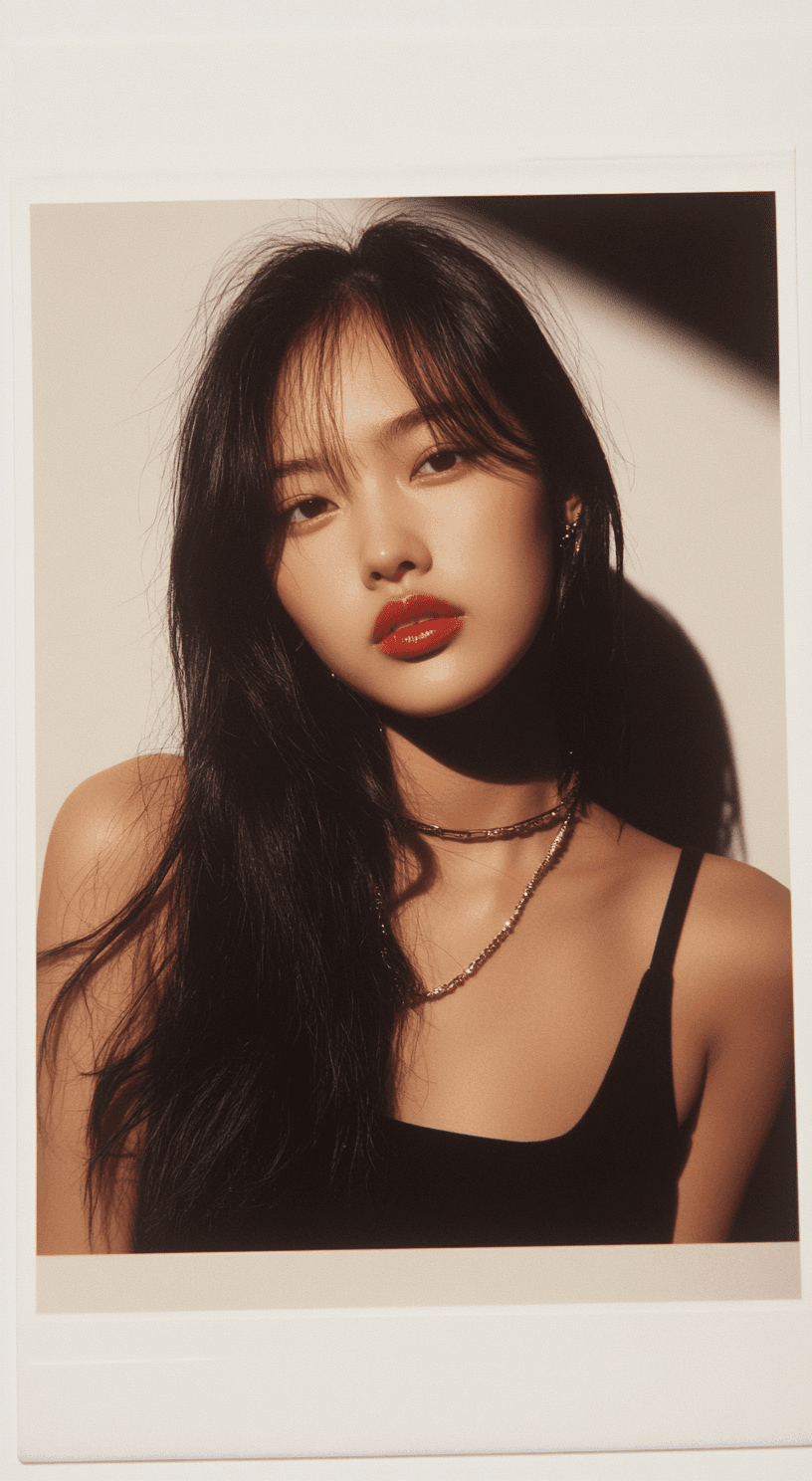 AI generated: A hyper-realistic, lifelike Polaroid proof of an Asian female model for a fashion shoot. She is capt...
