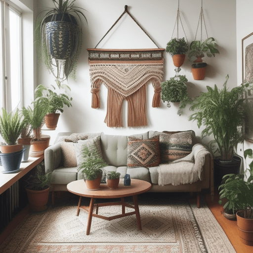 AI generated: A bohemian living room with nordic furniture. Include macrame wall hangings, potted plants, and ecle...