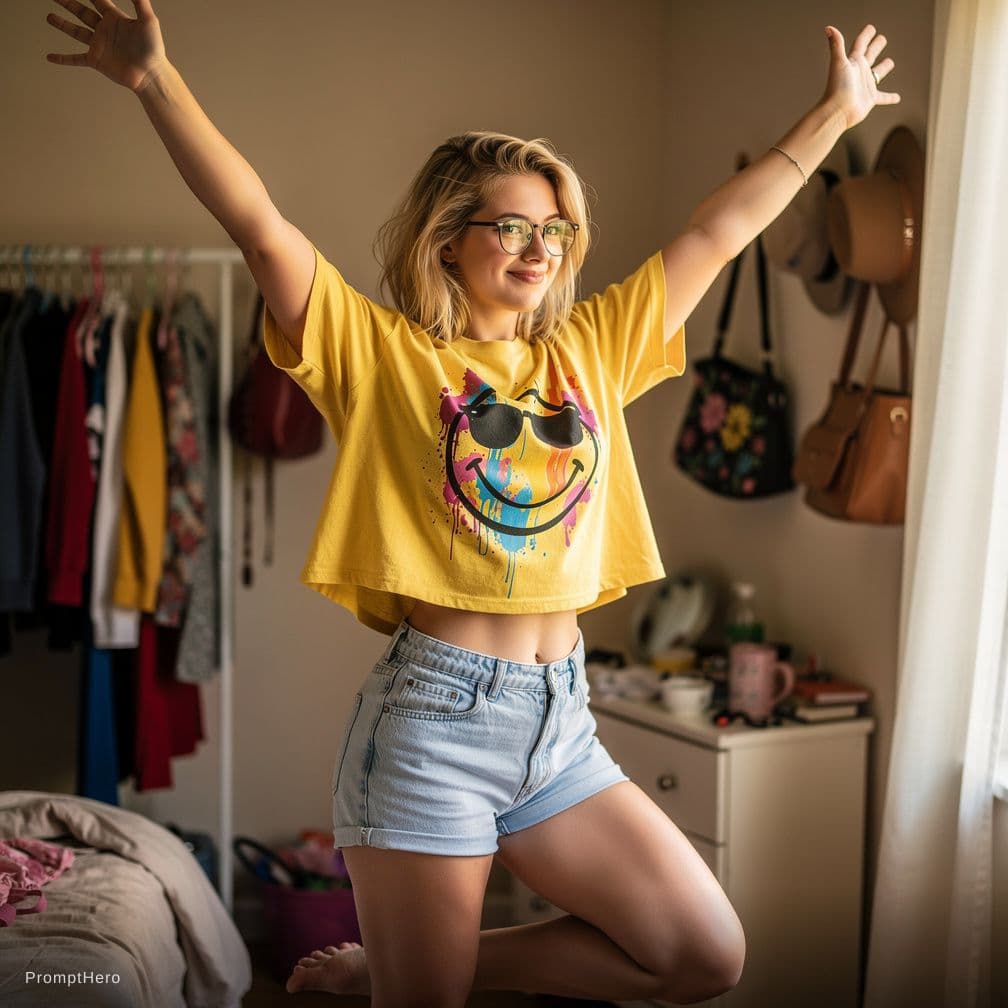 AI generated: A young woman striking a confident pose indoors, with hands high like trying to reach the ceiling st...