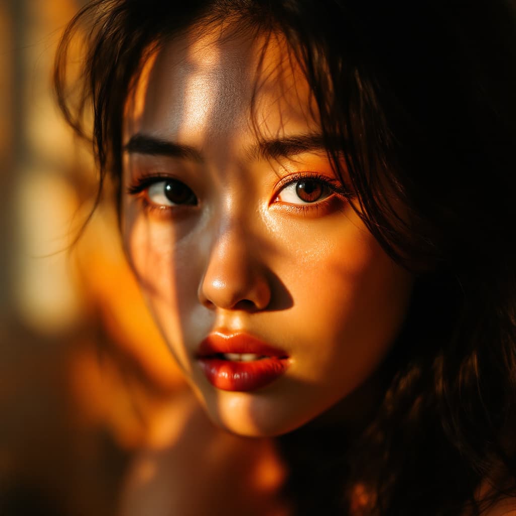 AI generated: photography, front shot, upper-body, professional 22' asian woman model, gaze, contrast, accentuates...