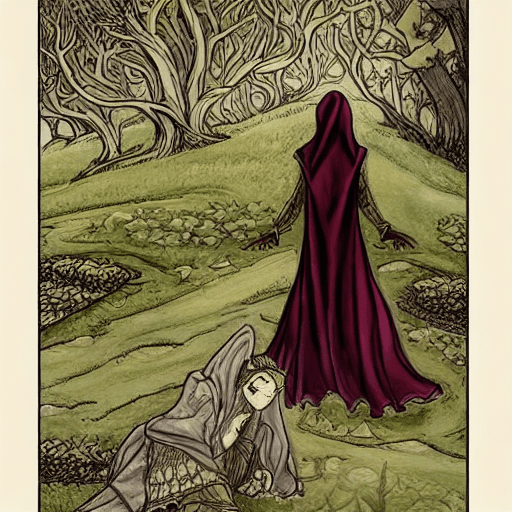 AI generated: a fantasy hand-drawn illustration in the style of classic fantasy book covers, featuring the main ch...