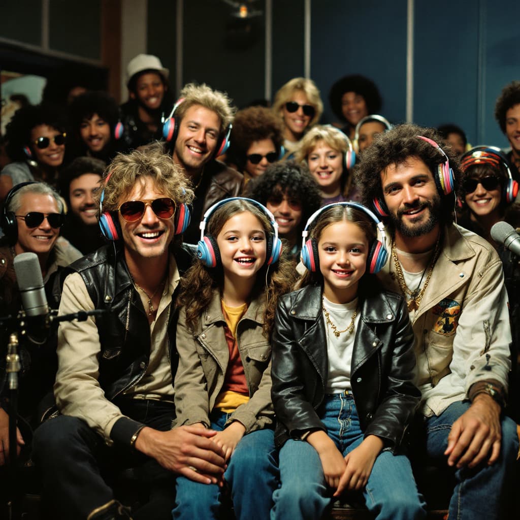 AI generated: A lively 1980s recording studio scene, showing a diverse group of musicians and artists, all wearing...