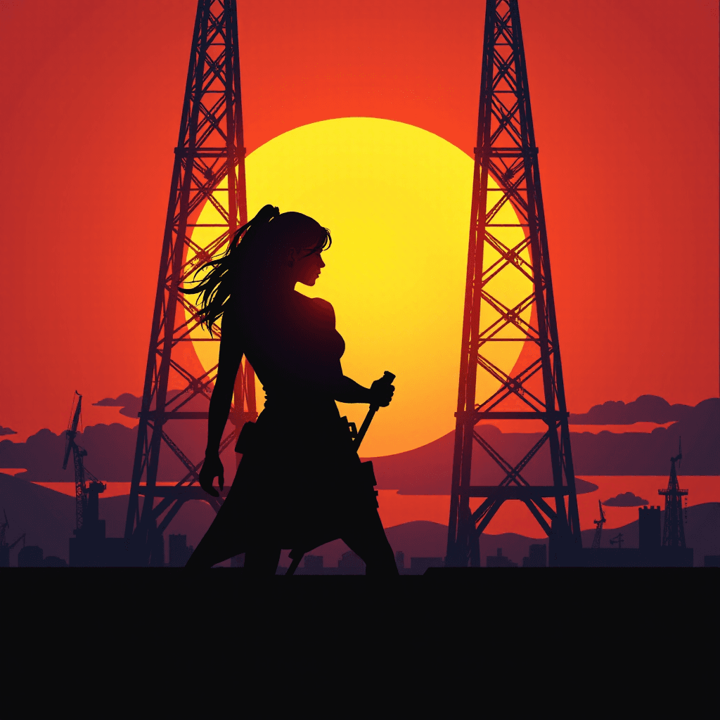 AI generated: Against the Sun: The heroine's sharp silhouette is framed perfectly against a massive, setting sun t...
