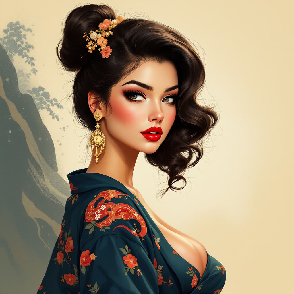 AI generated: A **stylized, dynamic digital painting** of a **pin-up woman**, inspired by **Japanese woodblock pri...