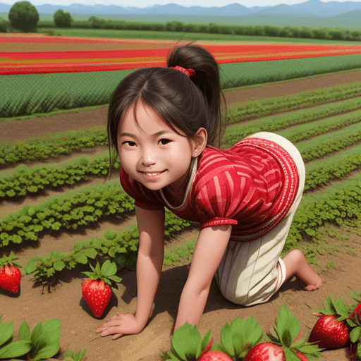AI generated: A very beautiful village girl is bending over in a strawberry field, picking strawberries. Messy pon...