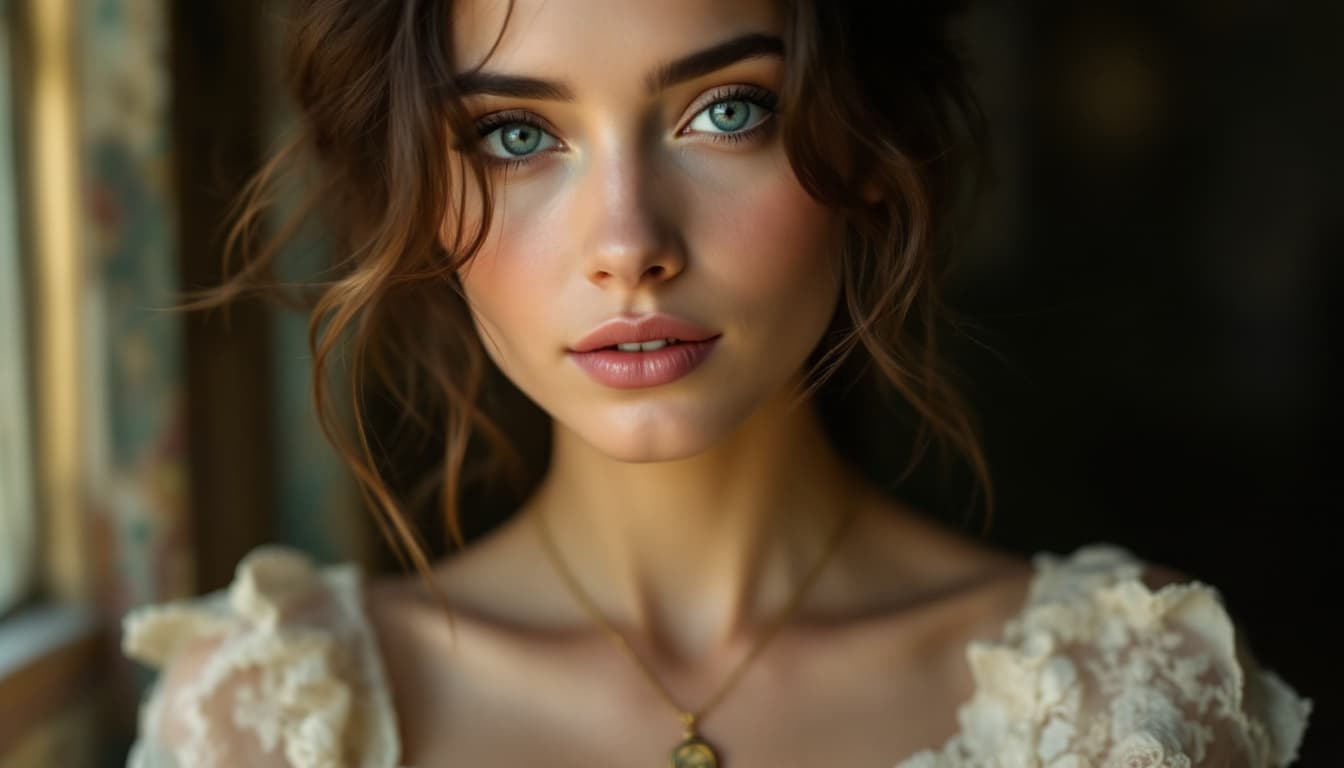 AI generated: "lighting is soft and flattering, casting gentle shadows that add depth to her expression. She wears...