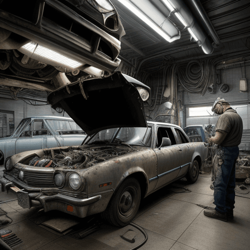 AI generated: Realistic, dramatic depiction of a car engine being repaired by auto mechanics. The car is standing ...