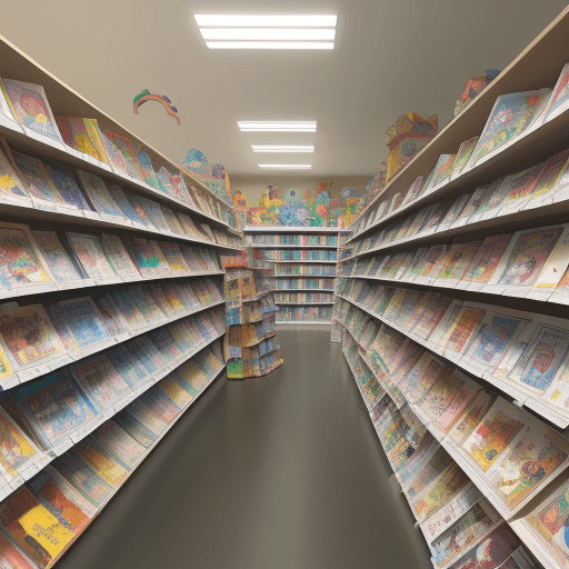 AI generated: 2D picture for a children's book,
there are thousands of colorful toys on the high shelves