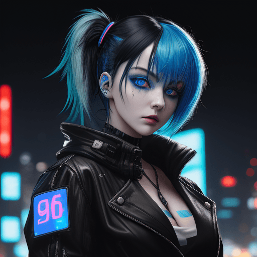 AI generated: A lady with a cute face, and beautiful eyes, wearing a black jacket, bright-colored neon blue hair, ...