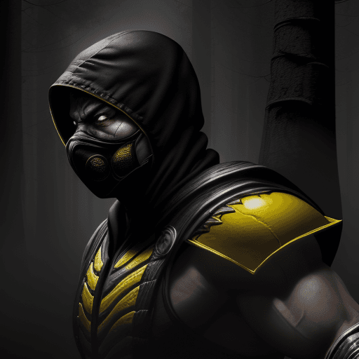 AI generated: Mortal Kombat Scorpion, white eyes, classic yellow mask, movie 1995, comes out of the forest in the ...