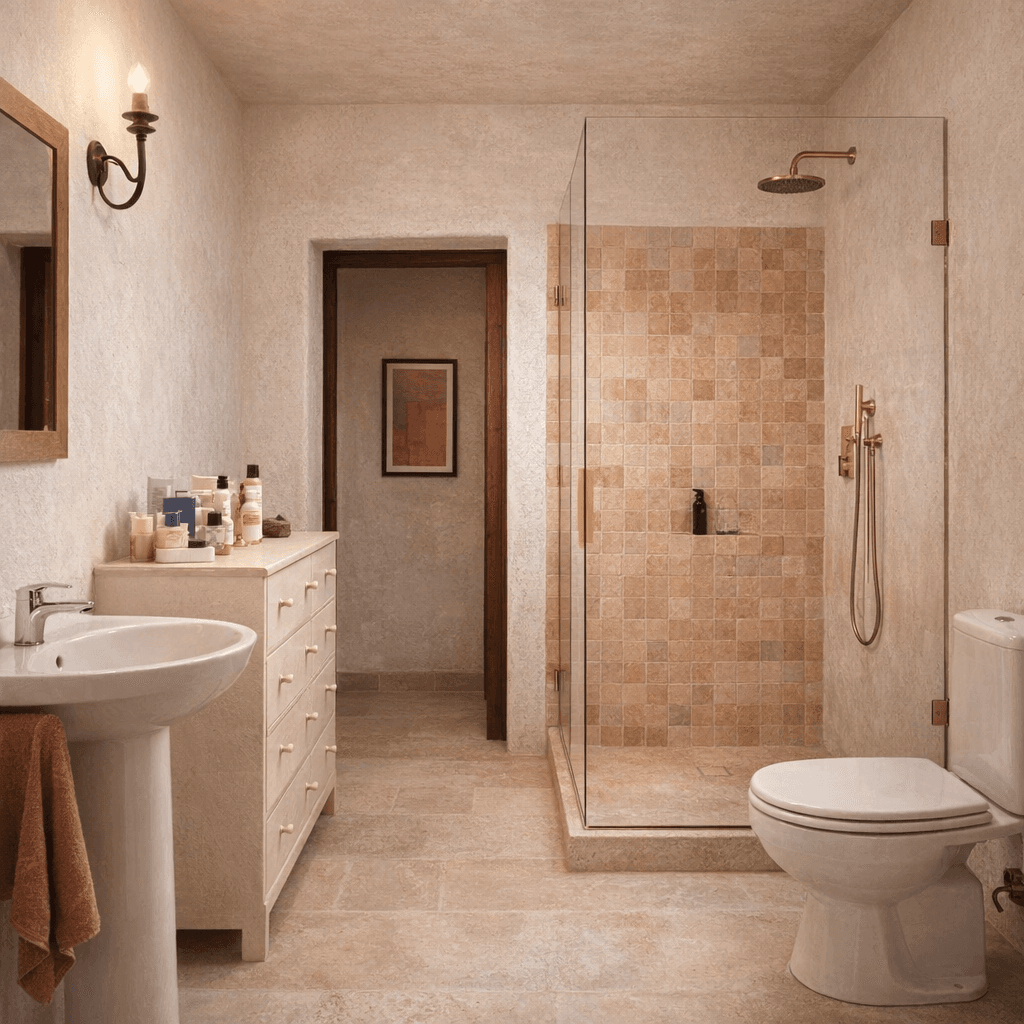 AI generated: Renovate this bathroom while keeping the original architecture and proportions. .Keep the exact prop...