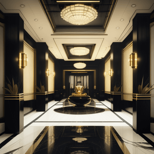 AI generated: interior of an art deco hotel lobby, photoshoot, gold, black, white, hyperreal, octane render, cinem...