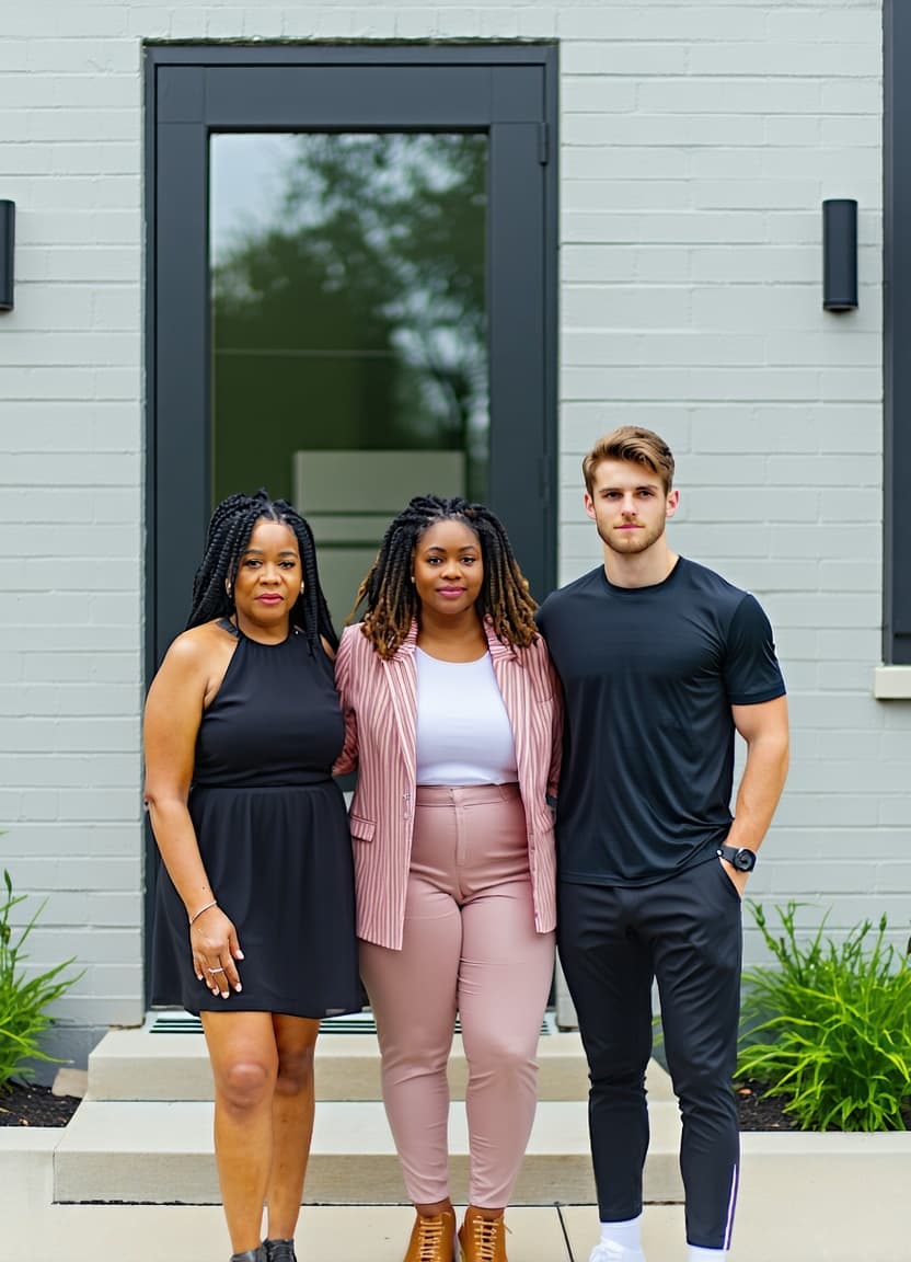 AI generated: Remove the person in the middle. Bring the remaining two people close together. 