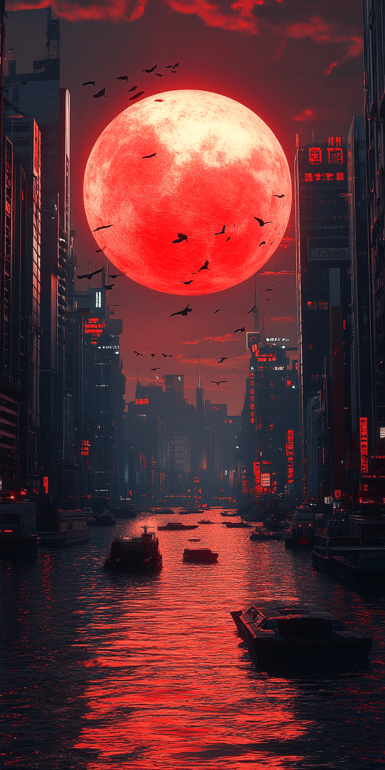AI generated: The red sunset is setting behind the tall buildings of the cyberpunk city, with boats floating on it...