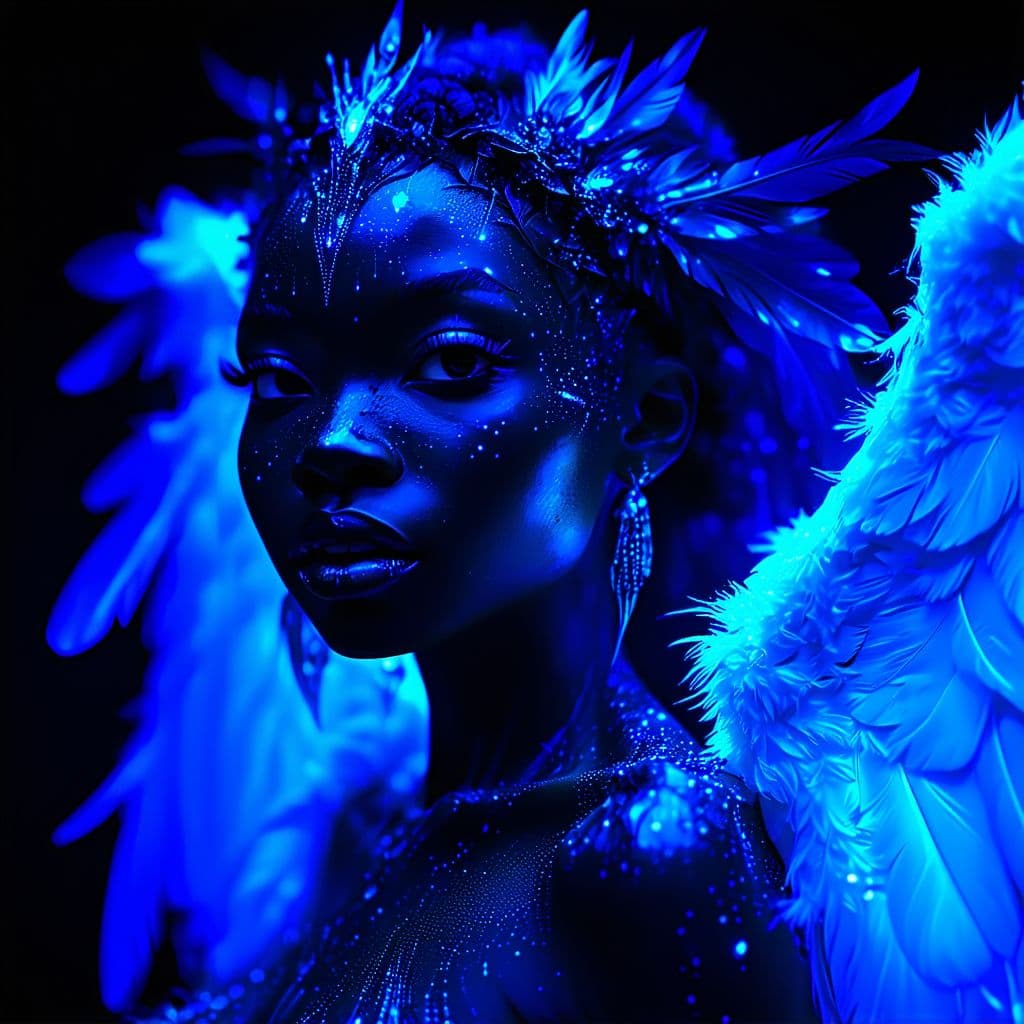 AI generated: black light poster of a intricate portrait of An amazing mythical female angel creature, barefoot, f...